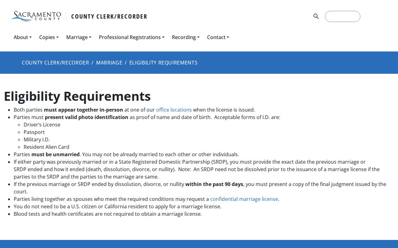 Folsom previous residents California marriage-record eligibility