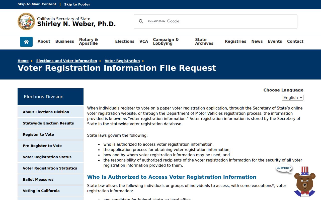 Folsom ZIP code directory California voter file request